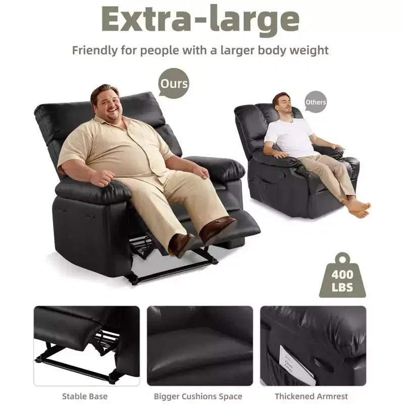 Oversized PU Leather Manual Recliner,Single Sofa with Deep Seat, Arms & Back, Side Storage Pocket, Comfortable Reclining Chair for Living Room