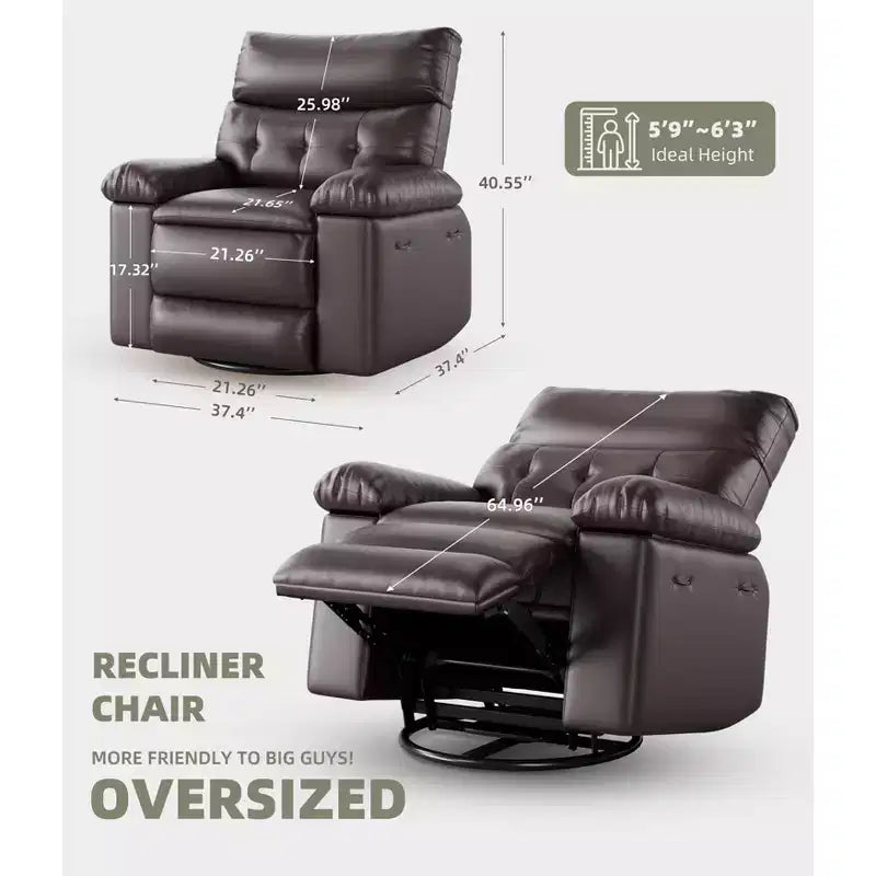 Oversized PU Leather Manual Recliner,Single Sofa with Deep Seat, Arms & Back, Side Storage Pocket, Comfortable Reclining Chair for Living Room