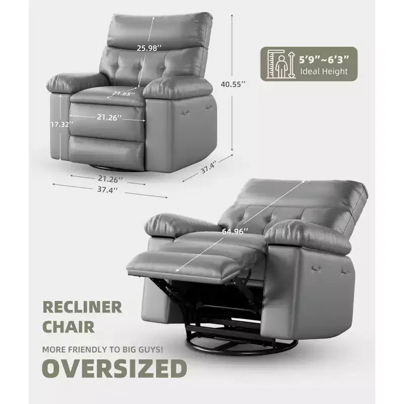 Oversized PU Leather Manual Recliner,Single Sofa with Deep Seat, Arms & Back, Side Storage Pocket, Comfortable Reclining Chair for Living Room