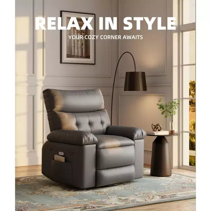 Oversized PU Leather Manual Recliner,Single Sofa with Deep Seat, Arms & Back, Side Storage Pocket, Comfortable Reclining Chair for Living Room