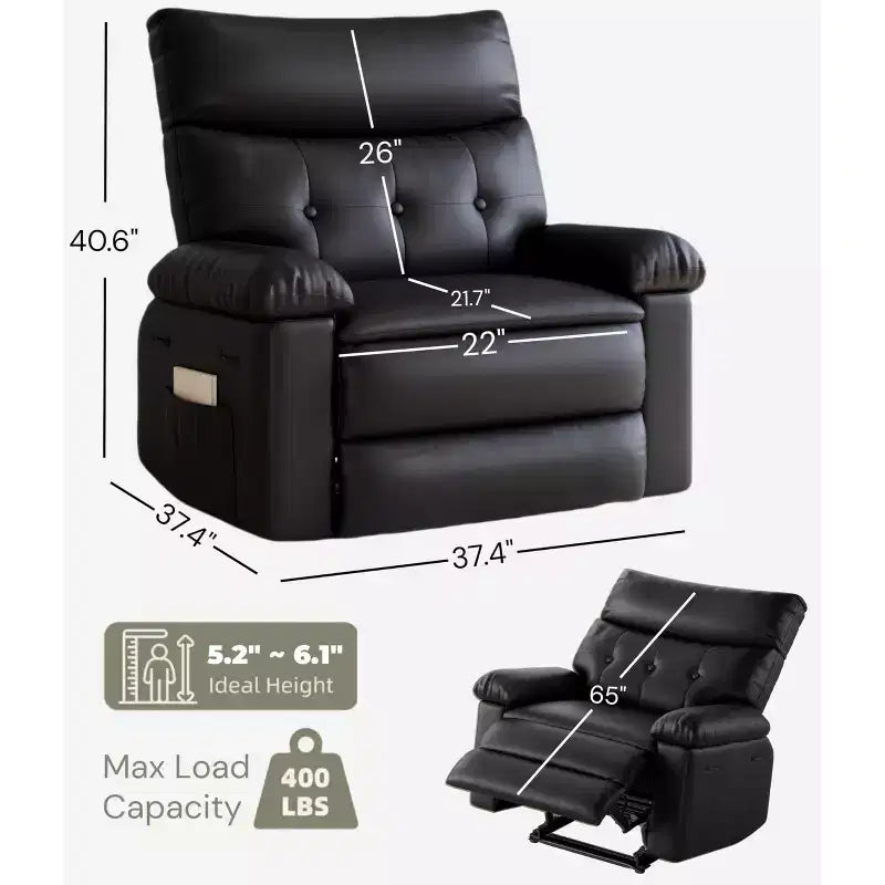 Oversized PU Leather Manual Recliner,Single Sofa with Deep Seat, Arms & Back, Side Storage Pocket, Comfortable Reclining Chair for Living Room