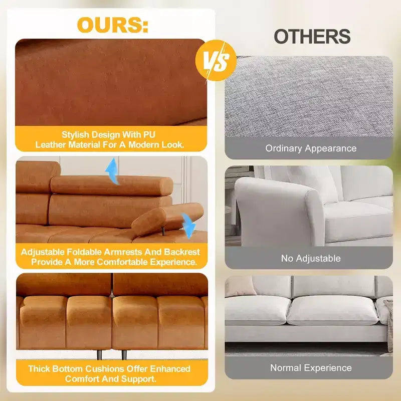 Canapé-lit 3 places en similicuir 86,6 po – Canapé-futon convertible avec dossier réglable et design divisé – Marron