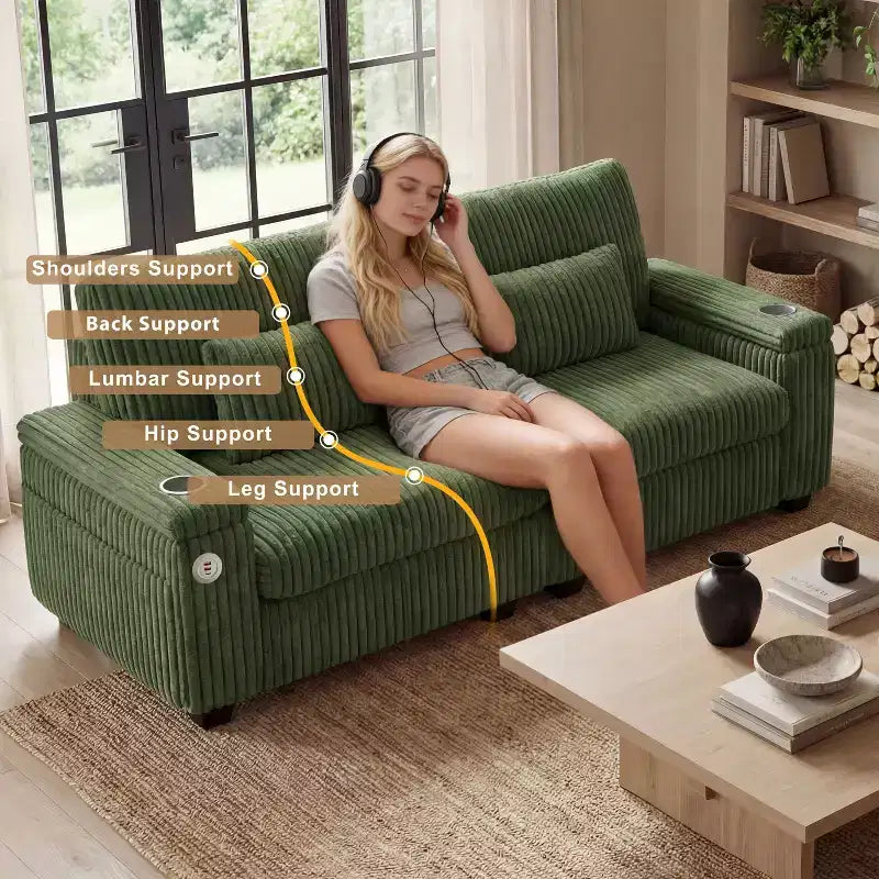 Canapé moderne 2 places Dyonery 91 avec ports de charge, porte-gobelets et rangement dans les accoudoirs – Large velours côtelé