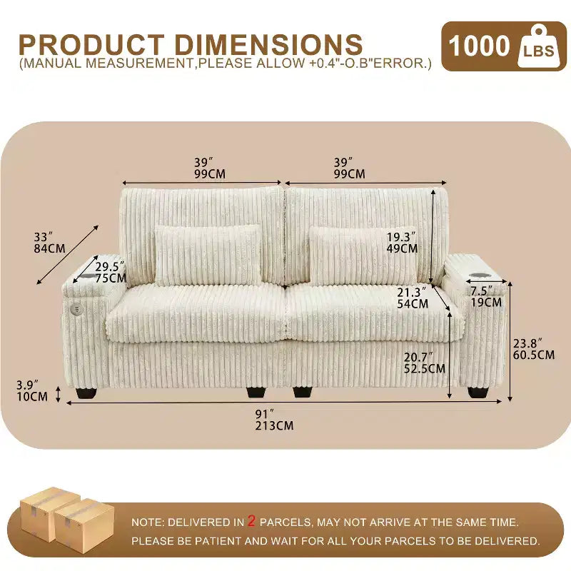 Canapé moderne 2 places Dyonery 91 avec ports de charge, porte-gobelets et rangement dans les accoudoirs – Large velours côtelé