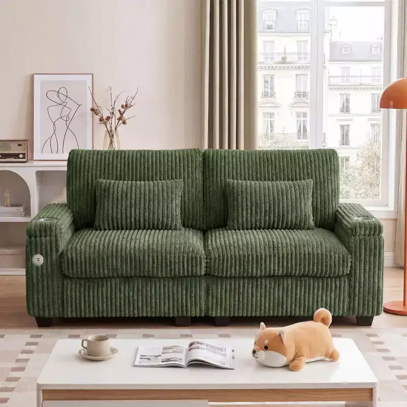 Dyonery 91 Modern 2-Seater Sofa with Charging Ports, Cup Holders & Armrest Storage - Wide Corduroy