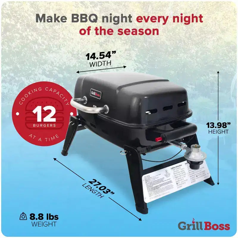 Grill Boss 1 Burner Portable Gas Grill, Propane Tabletop for Outdoor Cooking