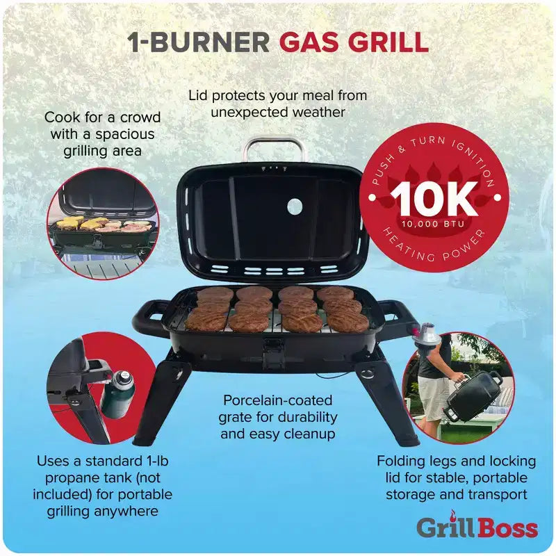 Grill Boss 1 Burner Portable Gas Grill, Propane Tabletop for Outdoor Cooking