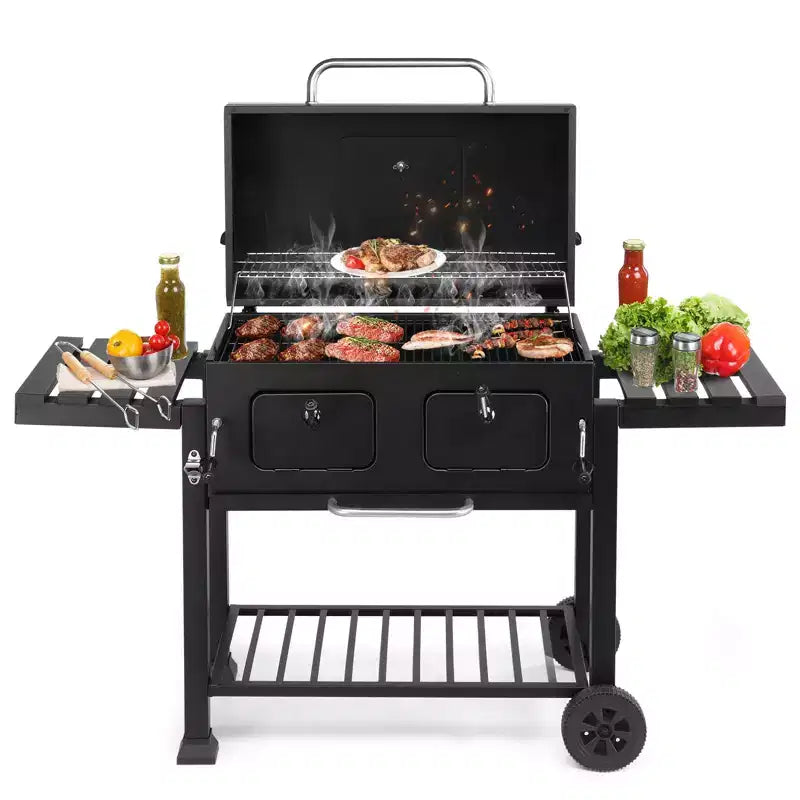 Charcoal Grill Outdoor BBQ Grill, Extra Large Cooking Area with Two Individual & Adjustable Charcoal Doors, Foldable Side Tables