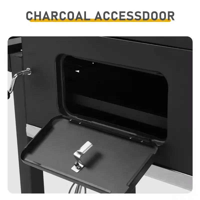 Barbecue au charbon de bois d'extérieur, grande surface de cuisson avec deux portes de charbon de bois individuelles et réglables, tables latérales pliantes