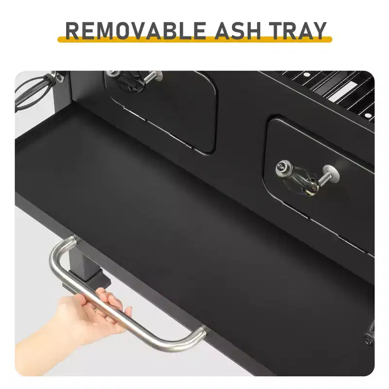 Barbecue au charbon de bois d'extérieur, grande surface de cuisson avec deux portes de charbon de bois individuelles et réglables, tables latérales pliantes