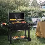 Barbecue au charbon de bois d'extérieur, grande surface de cuisson avec deux portes de charbon de bois individuelles et réglables, tables latérales pliantes