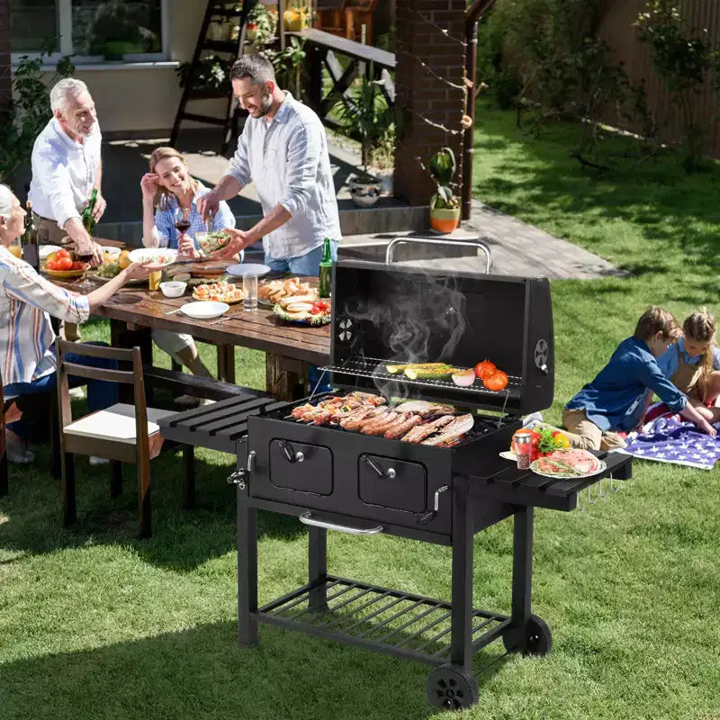 Barbecue au charbon de bois d'extérieur, grande surface de cuisson avec deux portes de charbon de bois individuelles et réglables, tables latérales pliantes