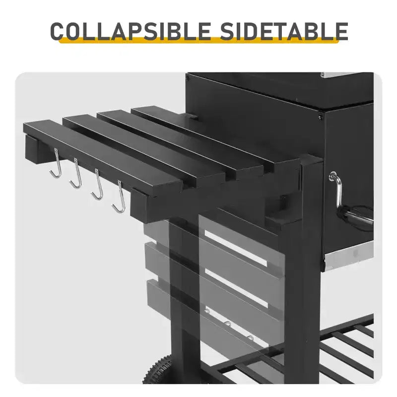 Barbecue au charbon de bois d'extérieur, grande surface de cuisson avec deux portes de charbon de bois individuelles et réglables, tables latérales pliantes