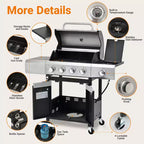 Barbecue au propane 4 brûleurs Barbecue à gaz en acier inoxydable avec brûleur latéral pour barbecue extérieur, camping