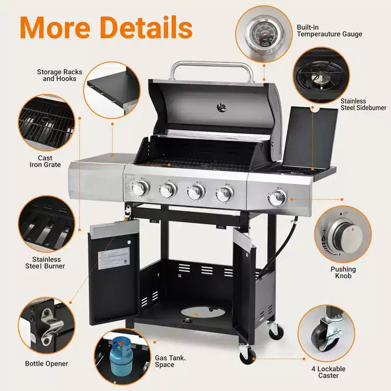 Barbecue au propane 4 brûleurs Barbecue à gaz en acier inoxydable avec brûleur latéral pour barbecue extérieur, camping