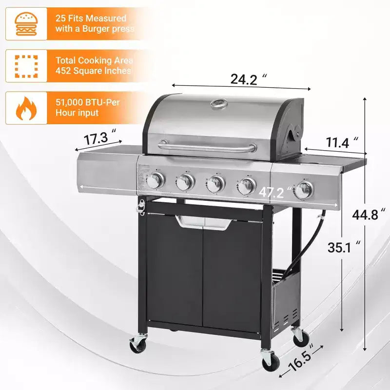 Barbecue au propane 4 brûleurs Barbecue à gaz en acier inoxydable avec brûleur latéral pour barbecue extérieur, camping