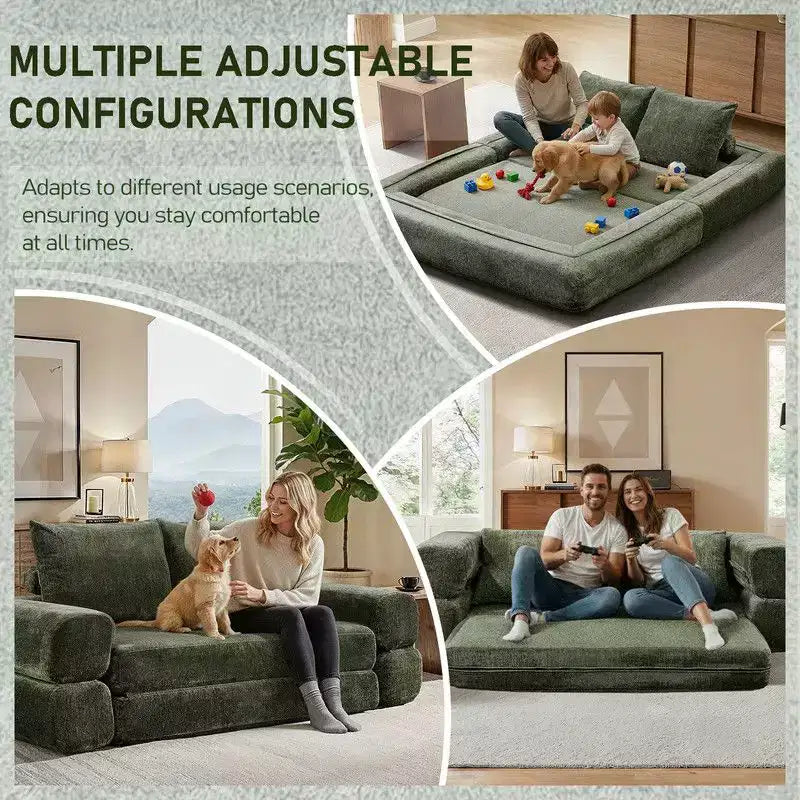 Modern Chenille Convertible Sofa Bed Queen Size Split Back Design