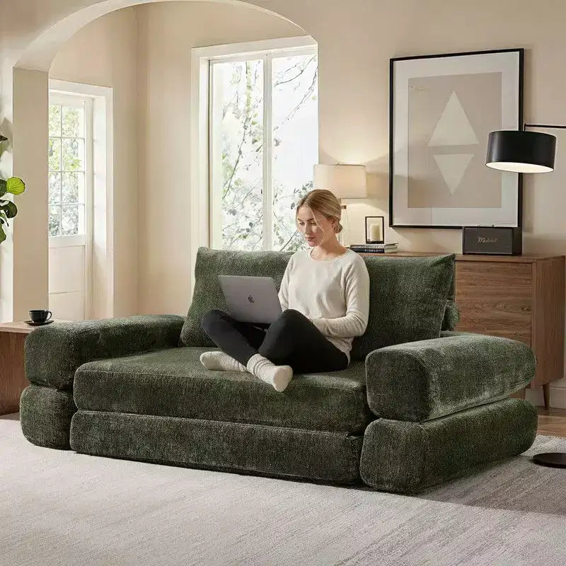 Modern Chenille Convertible Sofa Bed Queen Size Split Back Design