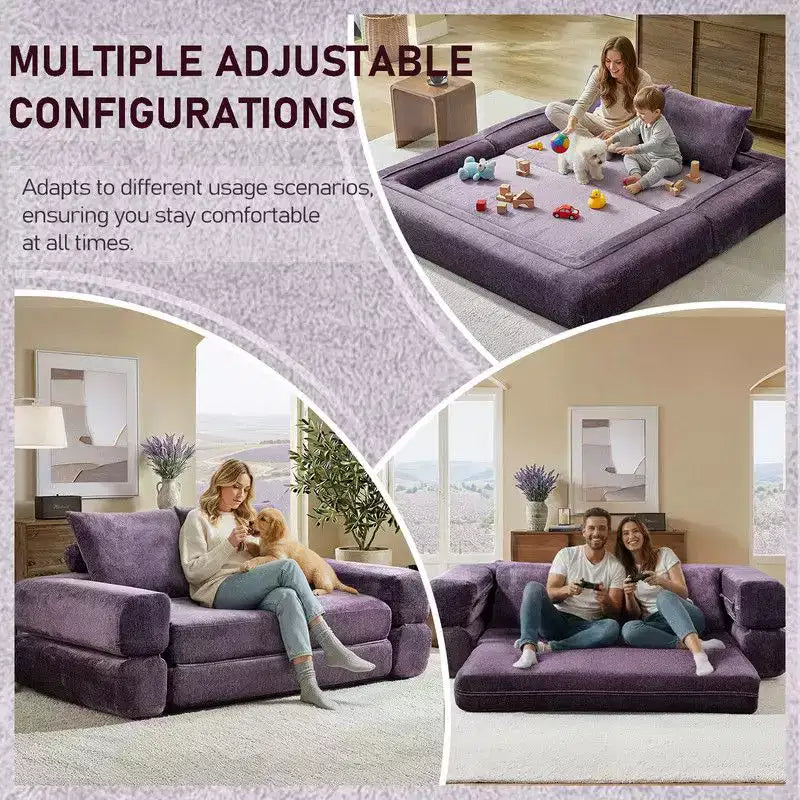 Modern Chenille Convertible Sofa Bed Queen Size Split Back Design