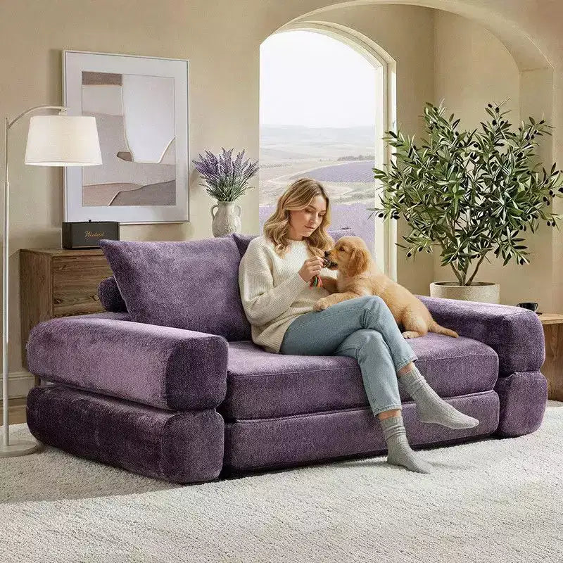 Modern Chenille Convertible Sofa Bed Queen Size Split Back Design