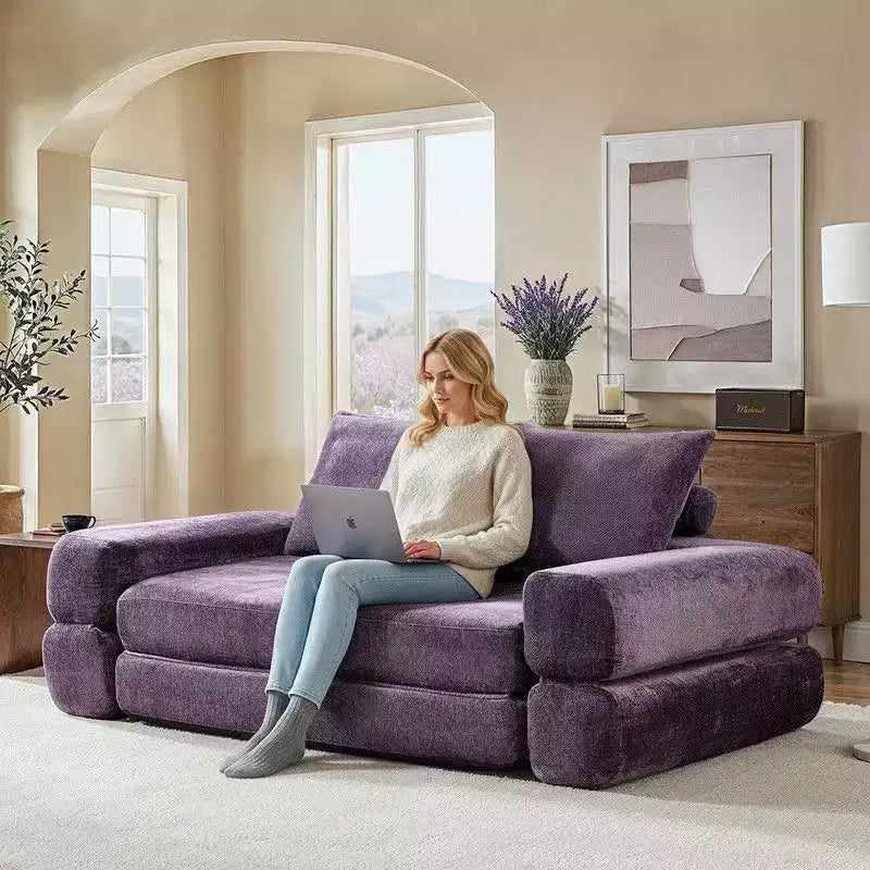 Modern Chenille Convertible Sofa Bed Queen Size Split Back Design