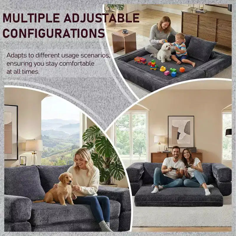 Modern Chenille Convertible Sofa Bed Queen Size Split Back Design