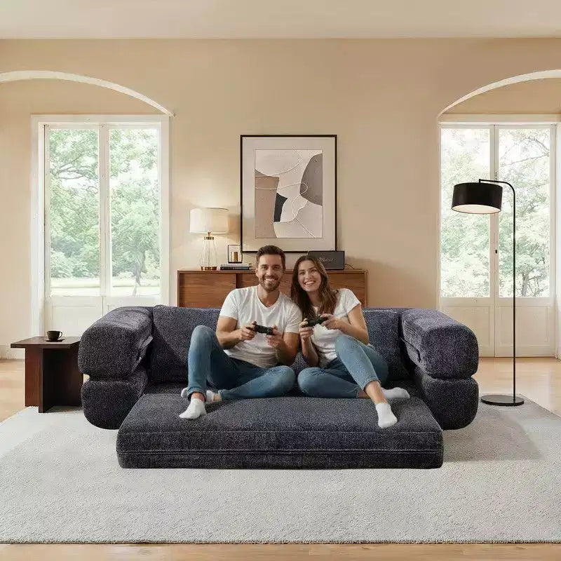 Modern Chenille Convertible Sofa Bed Queen Size Split Back Design