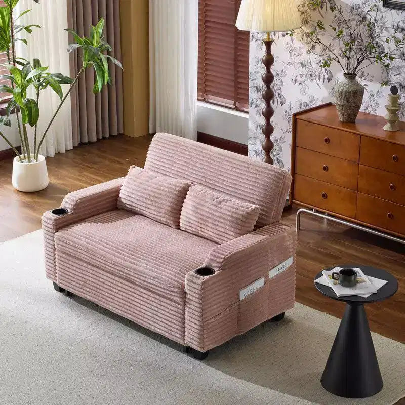 Upholstered Corduroy Convertible Reclining Sleeper Sofa Bed With Cushions For Small Spaces