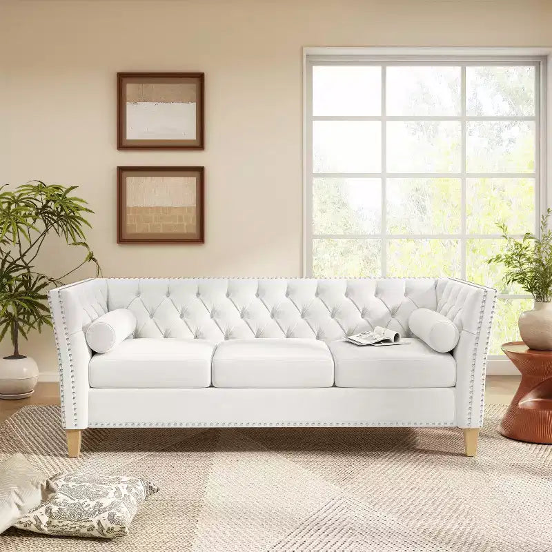 3-Seat Sofa Tufted Upholstered Cloud Sofa Couch Cozy Louge Sofa with 2 Pillows, Nailhead Trim & Solid Wood Legs, Beige - ModernLuxe