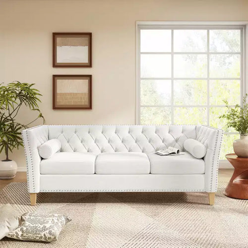 3-Seat Sofa Tufted Upholstered Cloud Sofa Couch Cozy Louge Sofa with 2 Pillows, Nailhead Trim & Solid Wood Legs, Beige - ModernLuxe