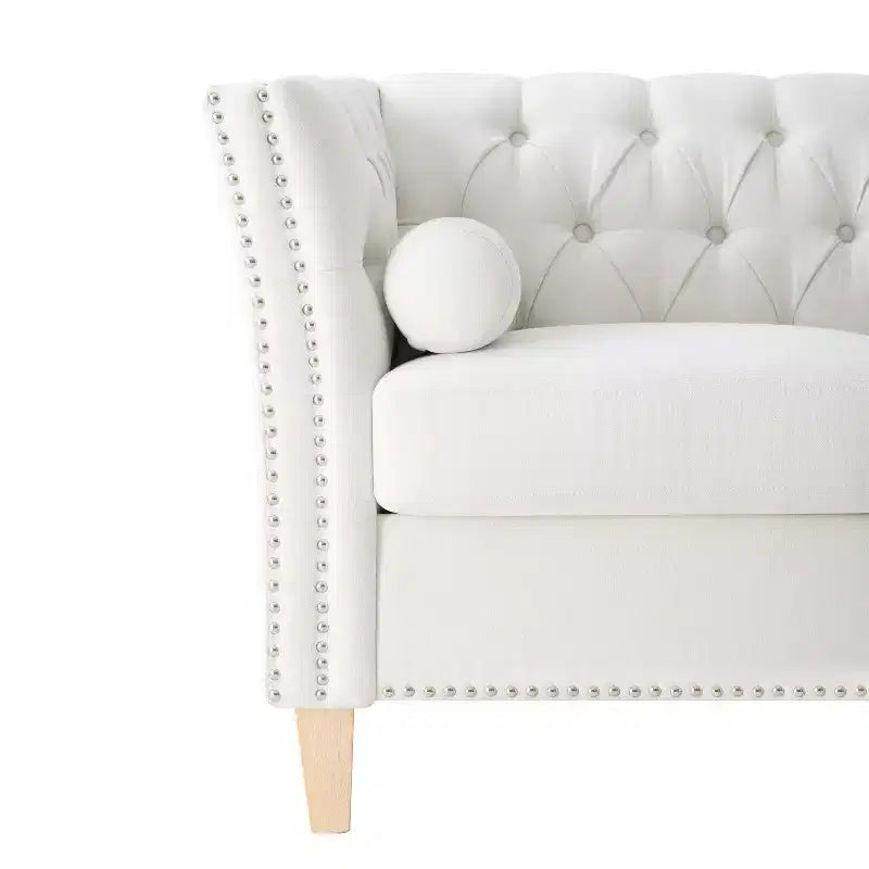 3-Seat Sofa Tufted Upholstered Cloud Sofa Couch Cozy Louge Sofa with 2 Pillows, Nailhead Trim & Solid Wood Legs, Beige - ModernLuxe