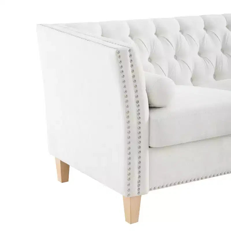 3-Seat Sofa Tufted Upholstered Cloud Sofa Couch Cozy Louge Sofa with 2 Pillows, Nailhead Trim & Solid Wood Legs, Beige - ModernLuxe