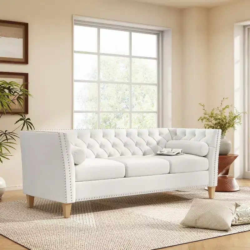 3-Seat Sofa Tufted Upholstered Cloud Sofa Couch Cozy Louge Sofa with 2 Pillows, Nailhead Trim & Solid Wood Legs, Beige - ModernLuxe