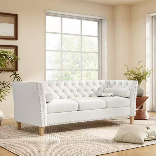 3-Seat Sofa Tufted Upholstered Cloud Sofa Couch Cozy Louge Sofa with 2 Pillows, Nailhead Trim & Solid Wood Legs, Beige - ModernLuxe