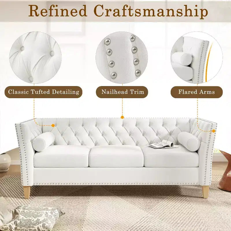 3-Seat Sofa Tufted Upholstered Cloud Sofa Couch Cozy Louge Sofa with 2 Pillows, Nailhead Trim & Solid Wood Legs, Beige - ModernLuxe