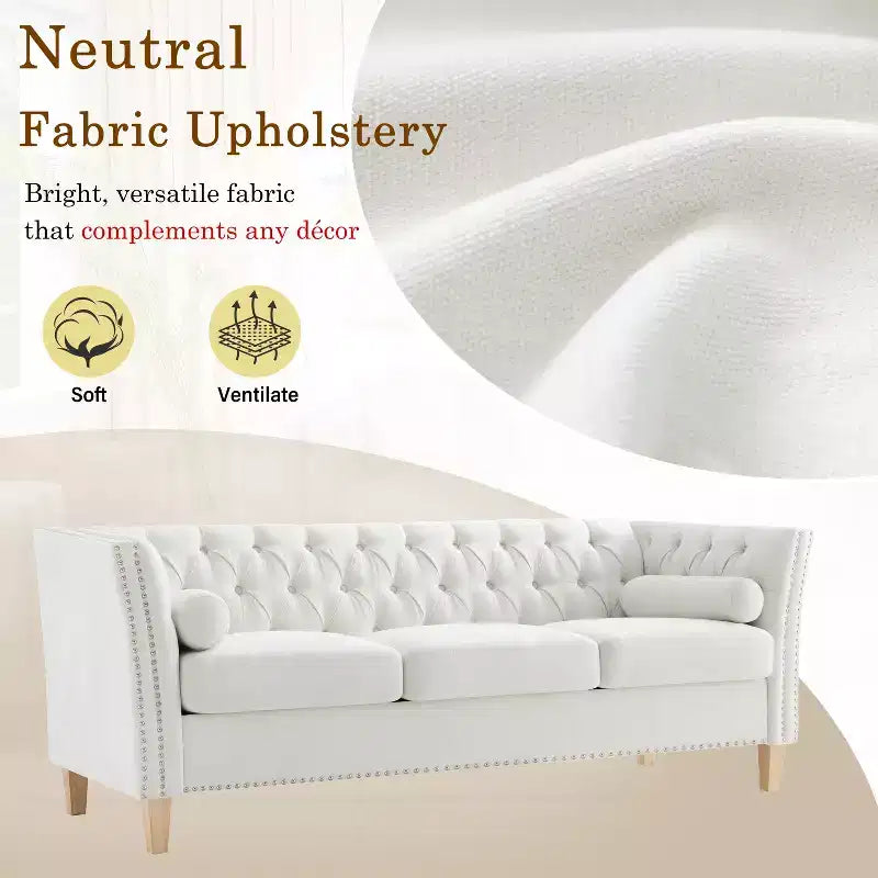 3-Seat Sofa Tufted Upholstered Cloud Sofa Couch Cozy Louge Sofa with 2 Pillows, Nailhead Trim & Solid Wood Legs, Beige - ModernLuxe