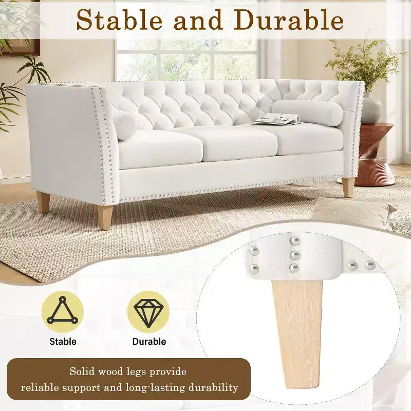 3-Seat Sofa Tufted Upholstered Cloud Sofa Couch Cozy Louge Sofa with 2 Pillows, Nailhead Trim & Solid Wood Legs, Beige - ModernLuxe