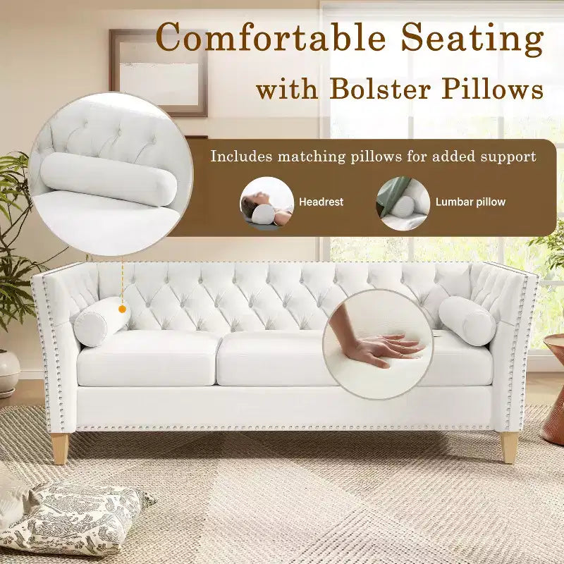 3-Seat Sofa Tufted Upholstered Cloud Sofa Couch Cozy Louge Sofa with 2 Pillows, Nailhead Trim & Solid Wood Legs, Beige - ModernLuxe