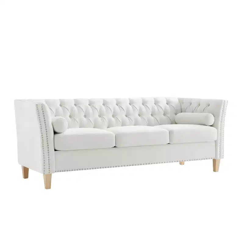 3-Seat Sofa Tufted Upholstered Cloud Sofa Couch Cozy Louge Sofa with 2 Pillows, Nailhead Trim & Solid Wood Legs, Beige - ModernLuxe
