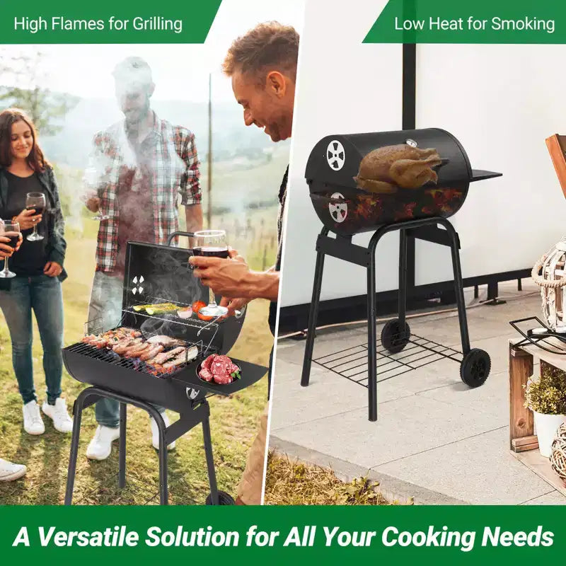 Barbecue au charbon de bois d'extérieur, Barbecue tonneau avec tablette latérale et roues, pour camping en plein air, pique-niques, terrasse et fêtes
