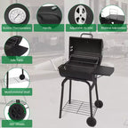Barbecue au charbon de bois d'extérieur, Barbecue tonneau avec tablette latérale et roues, pour camping en plein air, pique-niques, terrasse et fêtes