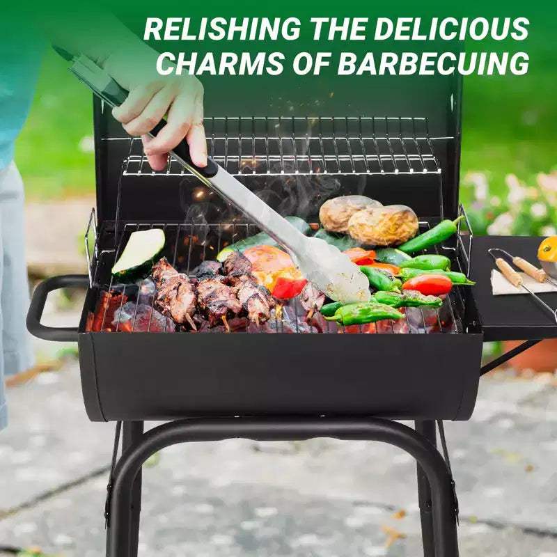 Barbecue au charbon de bois d'extérieur, Barbecue tonneau avec tablette latérale et roues, pour camping en plein air, pique-niques, terrasse et fêtes