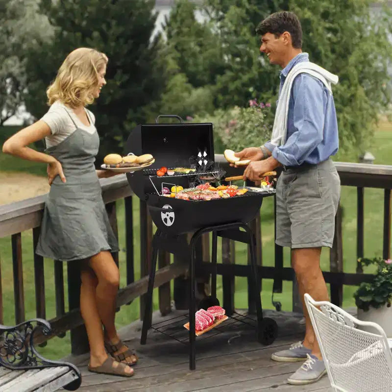 Barbecue au charbon de bois d'extérieur, Barbecue tonneau avec tablette latérale et roues, pour camping en plein air, pique-niques, terrasse et fêtes