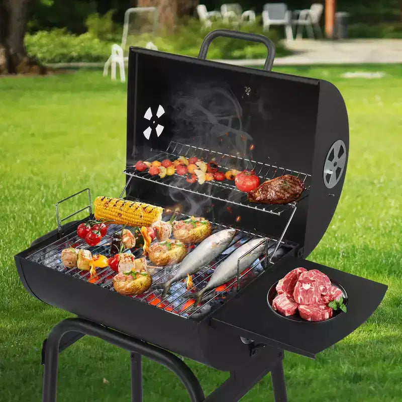 Barbecue au charbon de bois d'extérieur, Barbecue tonneau avec tablette latérale et roues, pour camping en plein air, pique-niques, terrasse et fêtes