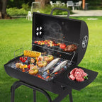 Barbecue au charbon de bois d'extérieur, Barbecue tonneau avec tablette latérale et roues, pour camping en plein air, pique-niques, terrasse et fêtes