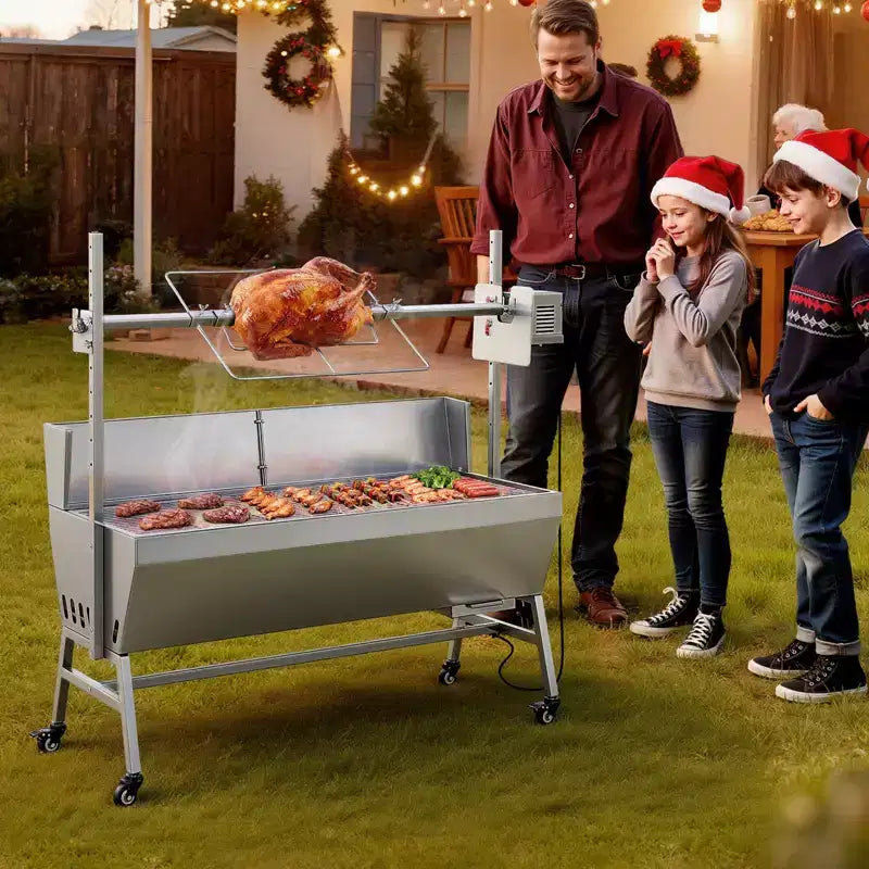 VEVOR Rotisserie Grill, 38W BBQ Outdoor Pig & Lamb Spit Roaster, Charcoal Spit Roaster with 132 LBS Capacity, Wheels & 4-Level Height, Silver