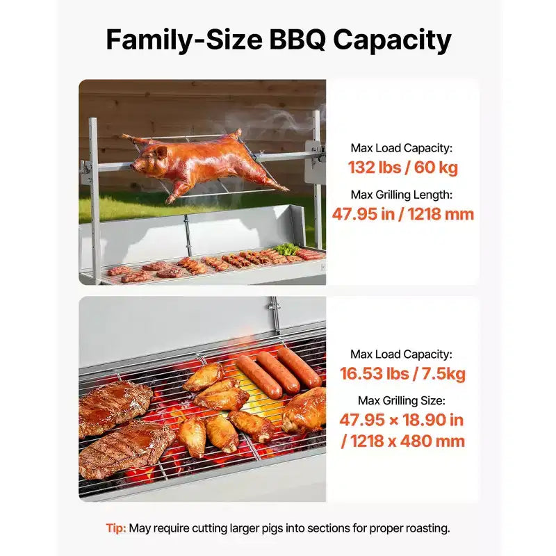 VEVOR Rotisserie Grill, 38W BBQ Outdoor Pig & Lamb Spit Roaster, Charcoal Spit Roaster with 132 LBS Capacity, Wheels & 4-Level Height, Silver