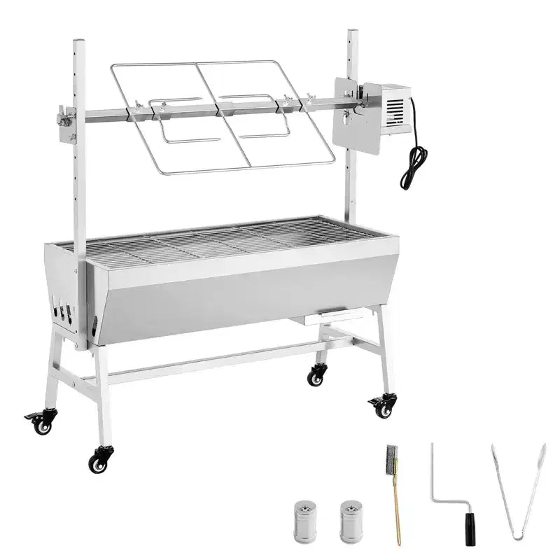 VEVOR Rotisserie Grill, 38W BBQ Outdoor Pig & Lamb Spit Roaster, Charcoal Spit Roaster with 132 LBS Capacity, Wheels & 7-Level Height, Silver