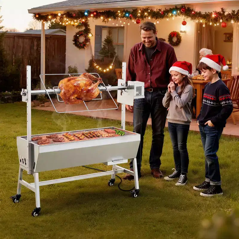 VEVOR Rotisserie Grill, 38W BBQ Outdoor Pig & Lamb Spit Roaster, Charcoal Spit Roaster with 132 LBS Capacity, Wheels & 7-Level Height, Silver