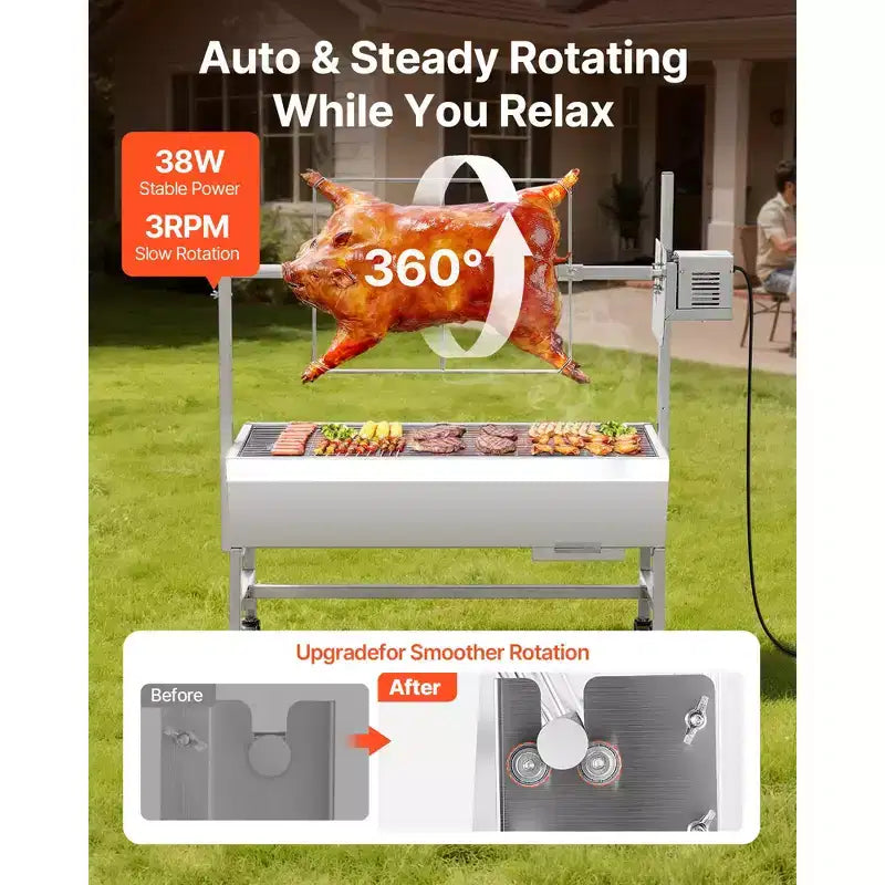 VEVOR Rotisserie Grill, 38W BBQ Outdoor Pig & Lamb Spit Roaster, Charcoal Spit Roaster with 132 LBS Capacity, Wheels & 7-Level Height, Silver